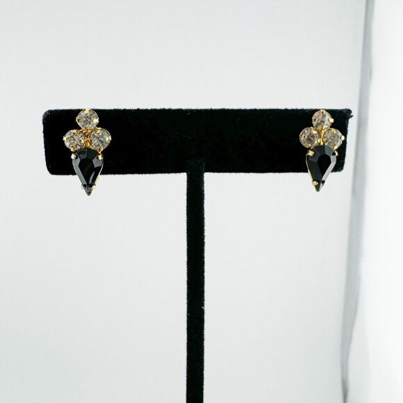 Vintage 1950s Screw Back Earrings Sparkling Clear Black Rhinestones Art Deco - Picture 4 of 9